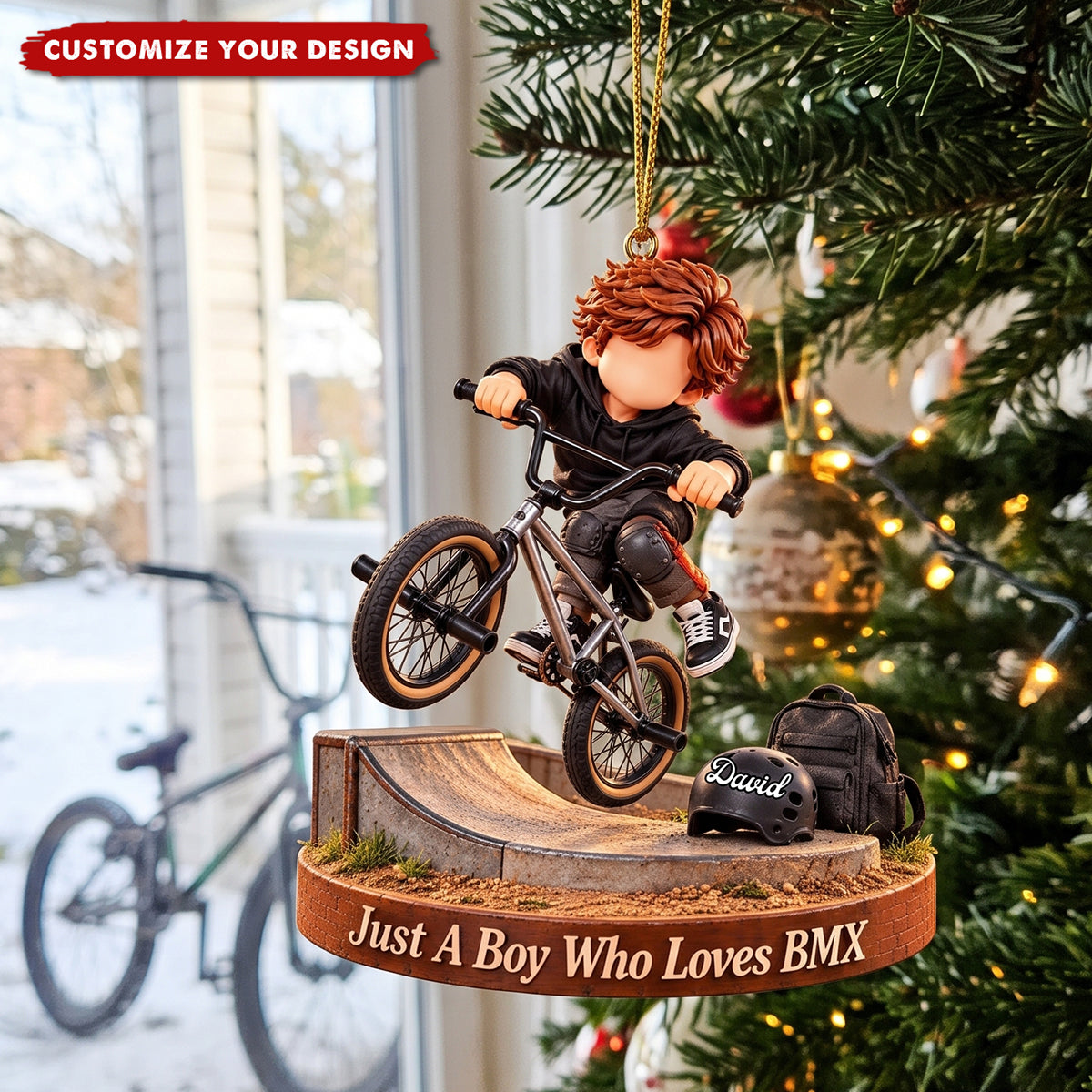 Personalized BMX Rider Ornament - Custom Name Gift for Teen Boy, Bicycle Christmas Decor