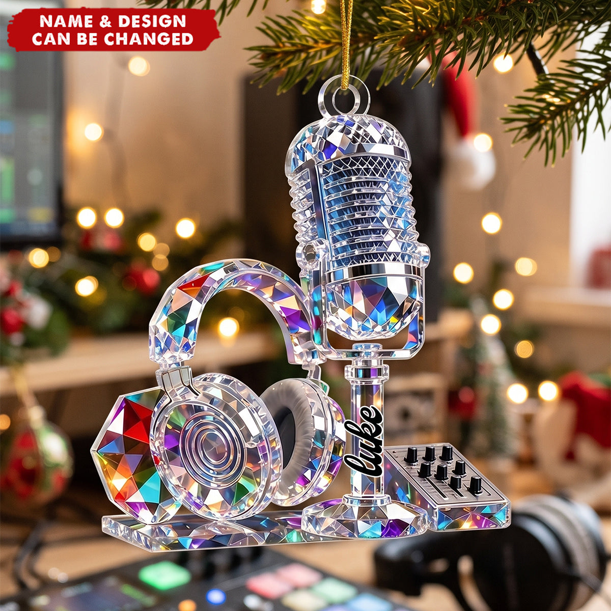Personalized Crystal Microphone Christmas Ornament - Custom Music Producer DJ Decor