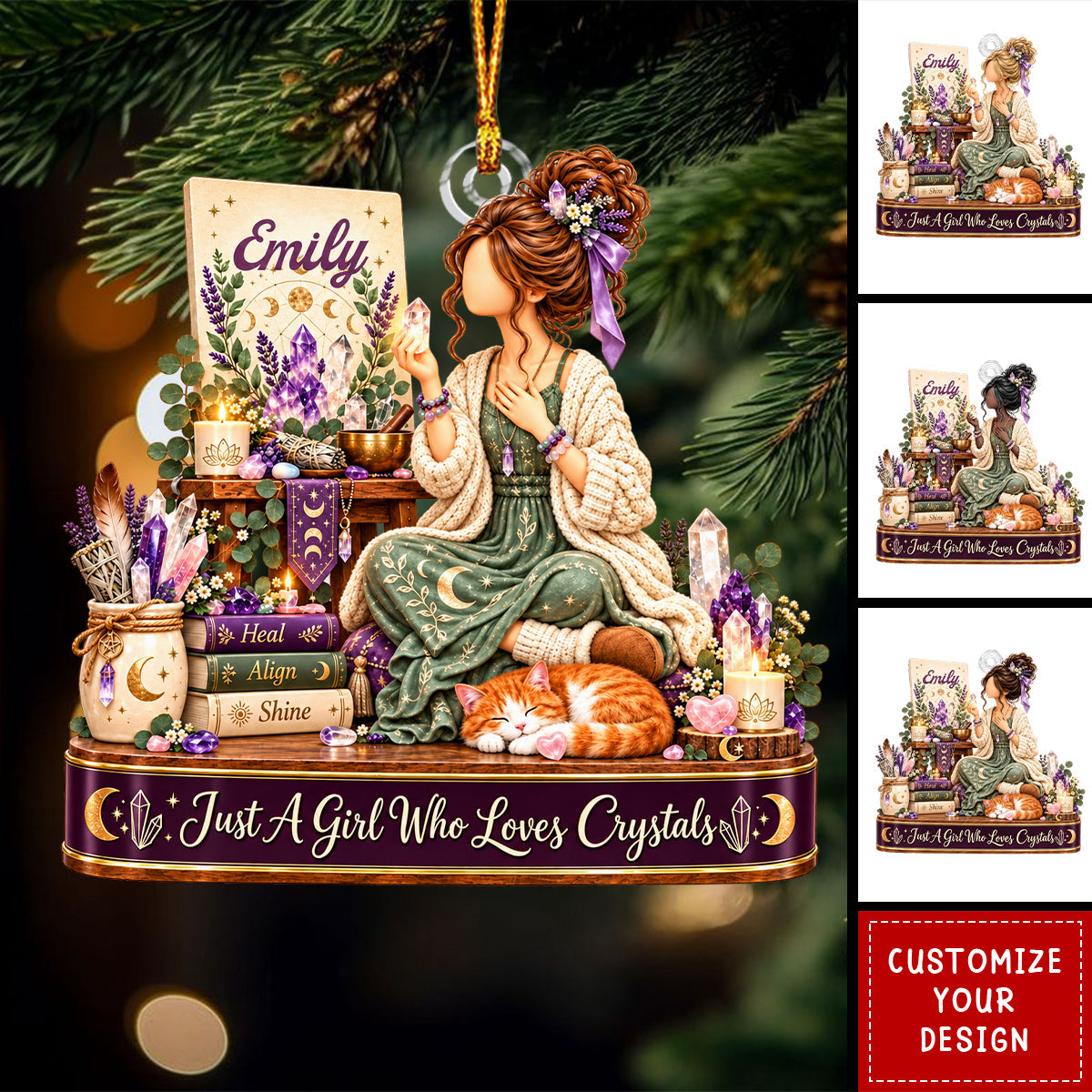 Personalized Crystal Collector Ornament -  Custom Name Gift with Purple Stones and Celestial Details