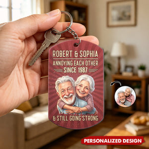 Custom Photo Caricature Vintage Annoying Each Other - Personalized Aluminum Keychain