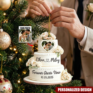 Personalized Wedding Cake Ornament, First Christmas Married Ornament, Couple Photo Ornament