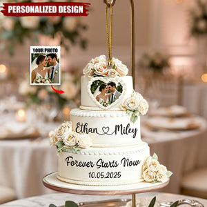 Personalized Wedding Cake Ornament, First Christmas Married Ornament, Couple Photo Ornament