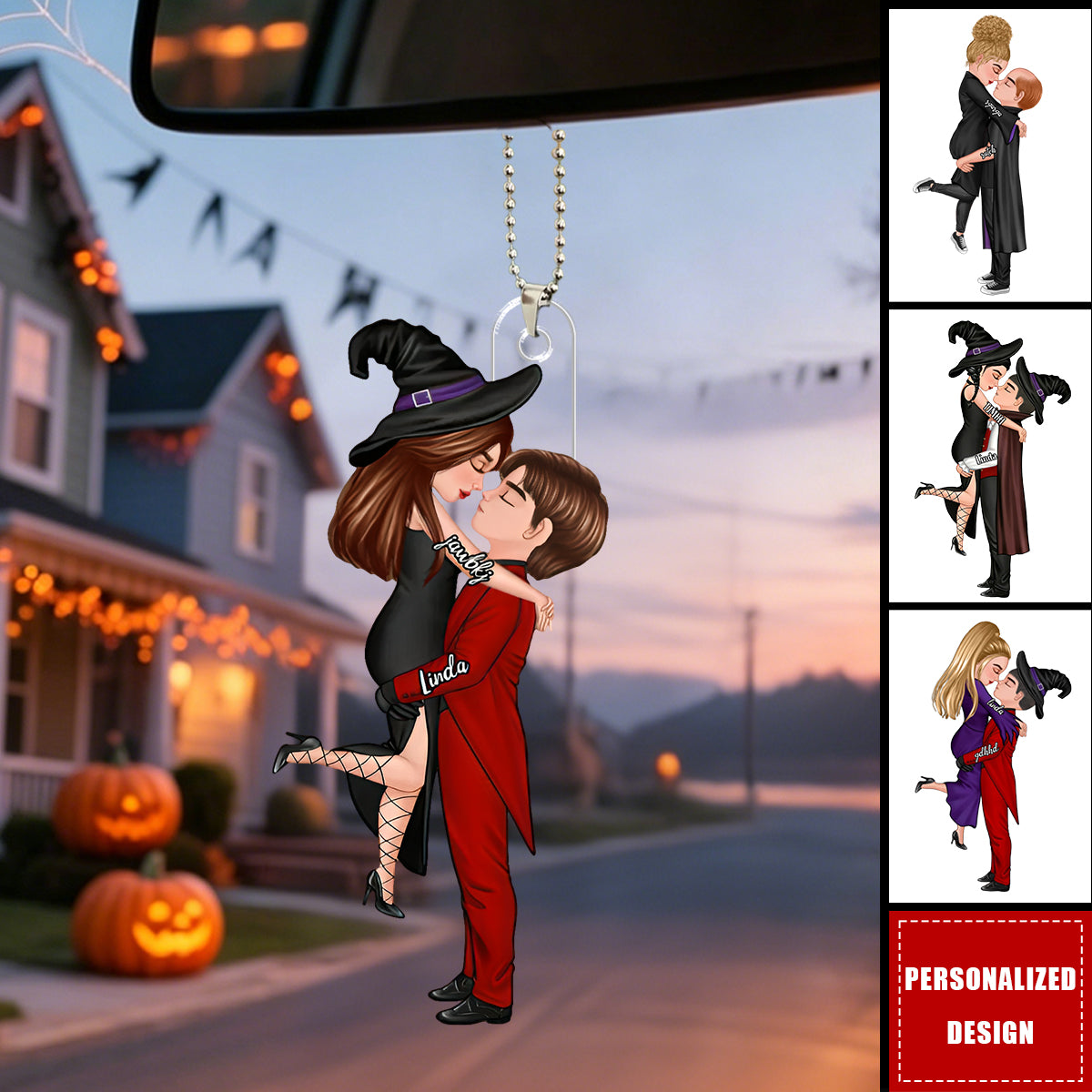 Halloween-Themed Personalized Car Ornament Featuring Couples Kissing - A Perfect Gift For Your Loved One