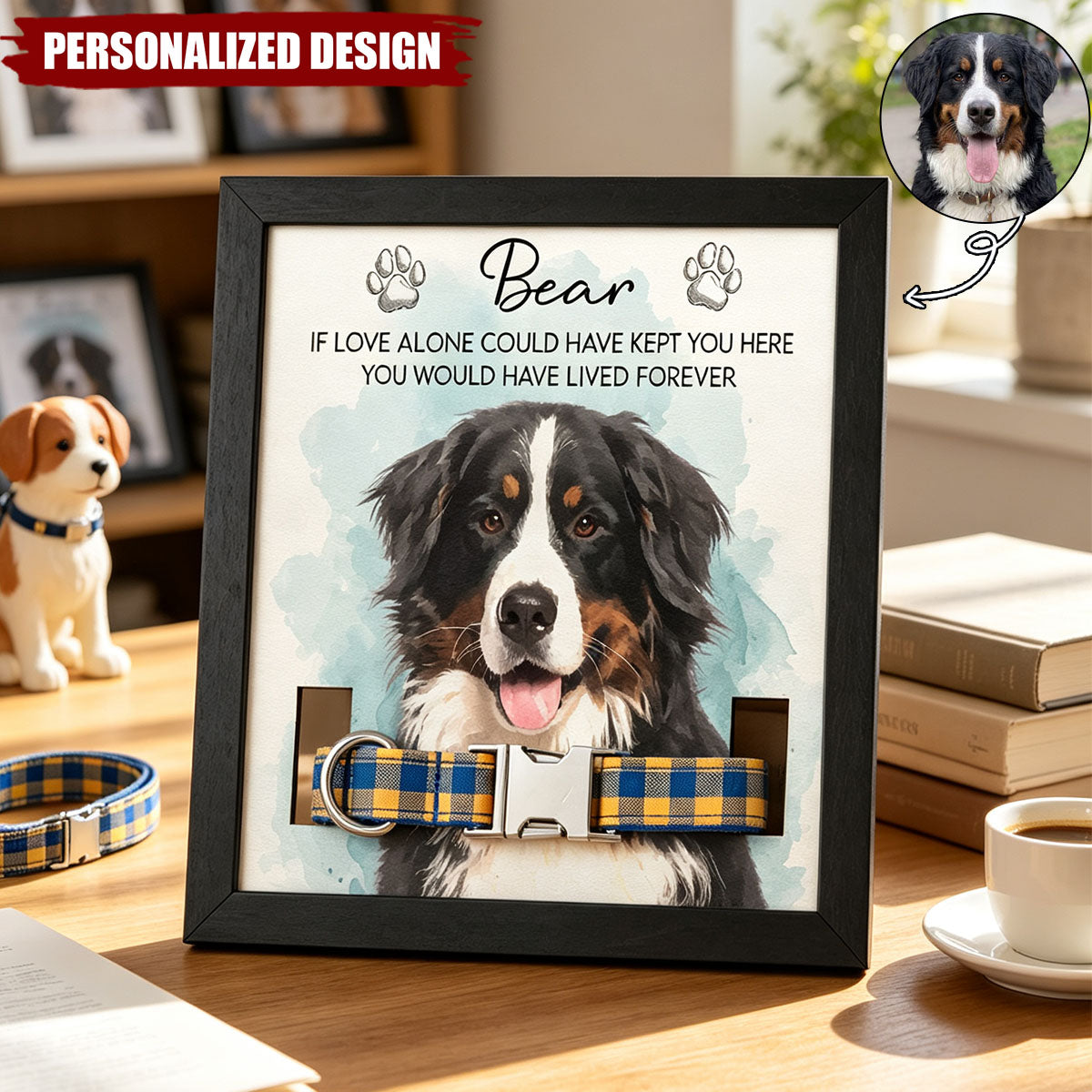 Pet Collar Frame Keepsake Custom Pet Portrait Watecolor Art - Personalized Frame
