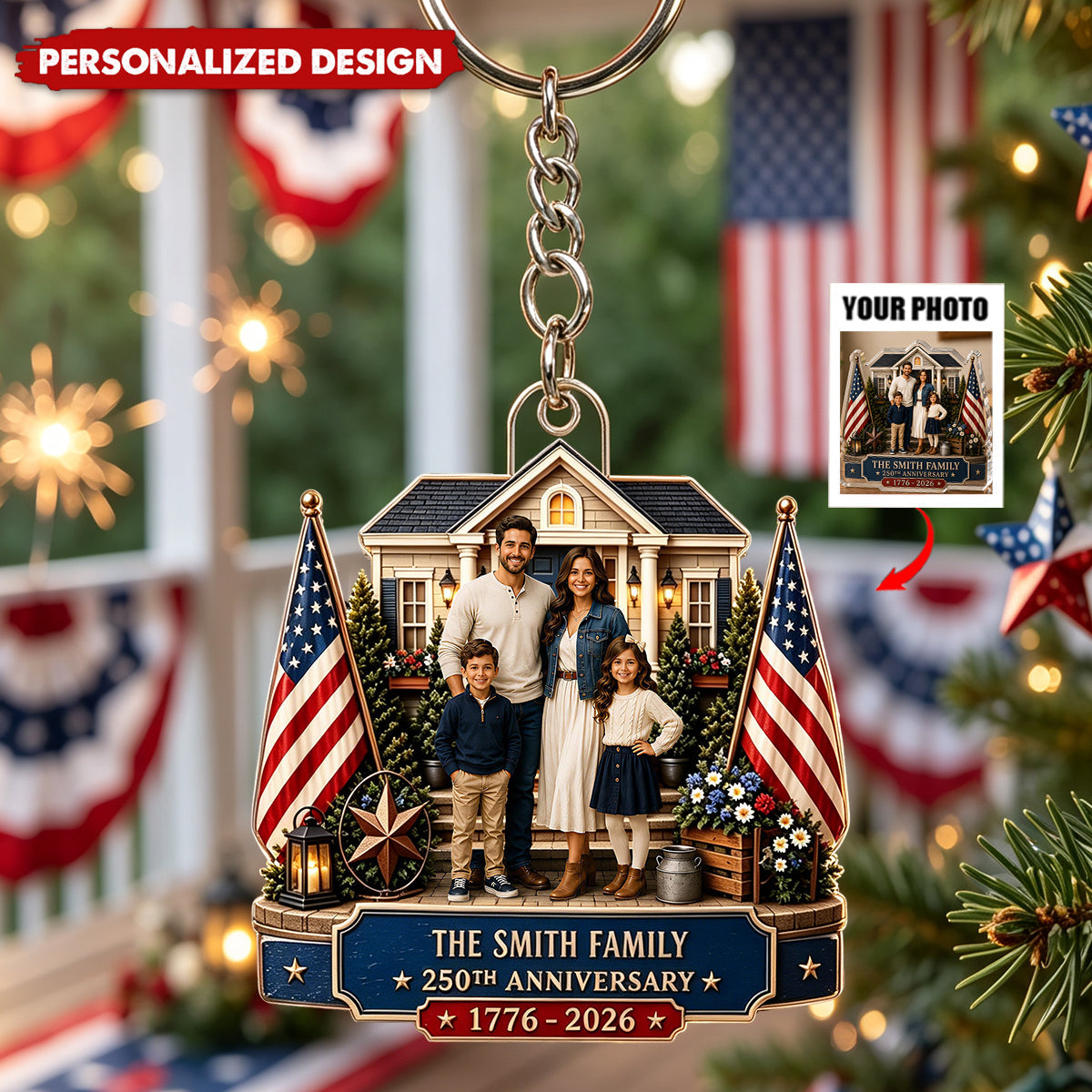 Personalized 250th Anniversary America Acrylic Keychain From The USA - Custom Family Photo Patriotic Gift