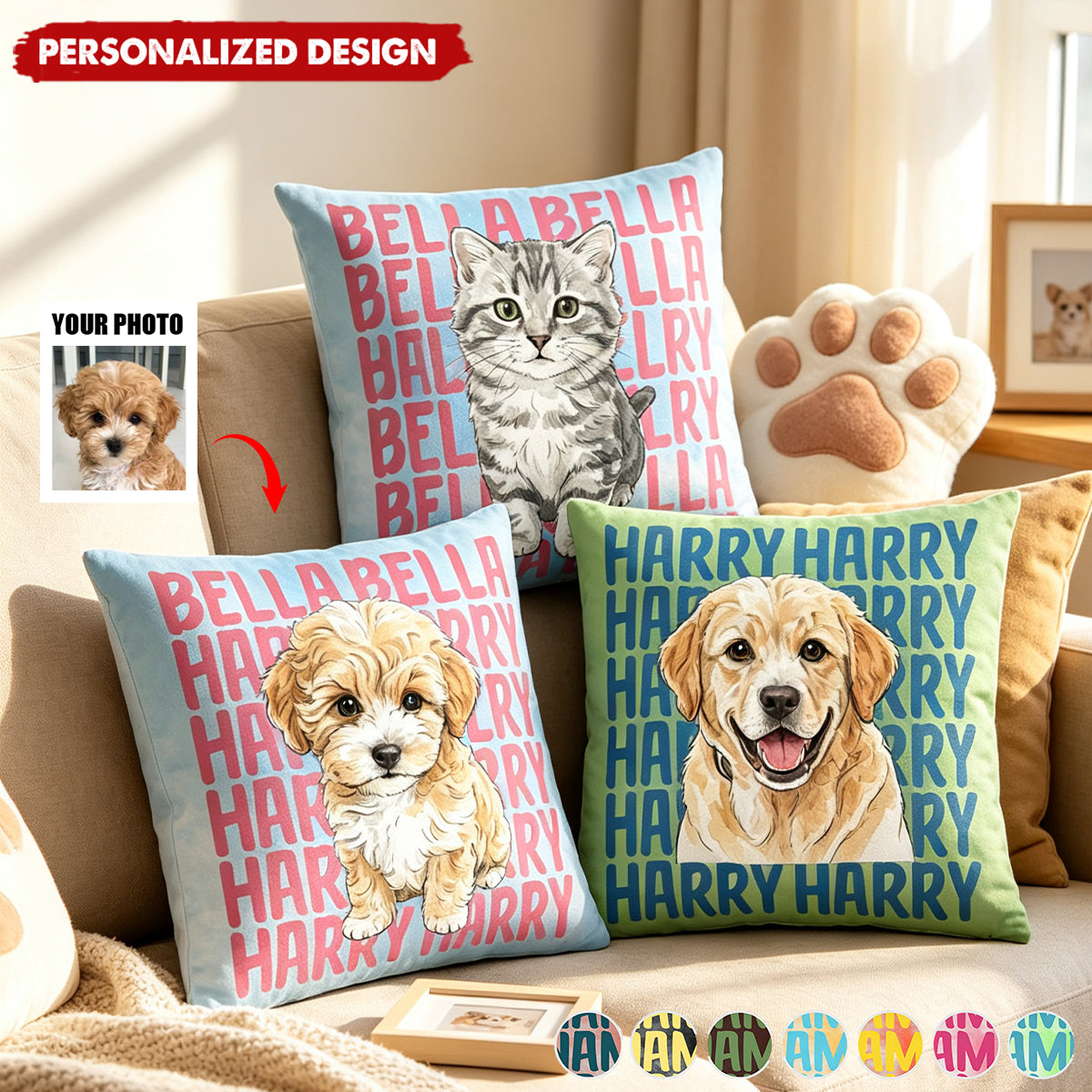 Custom Pet Portrait With Name Watercolor Style - Personalized Pillow