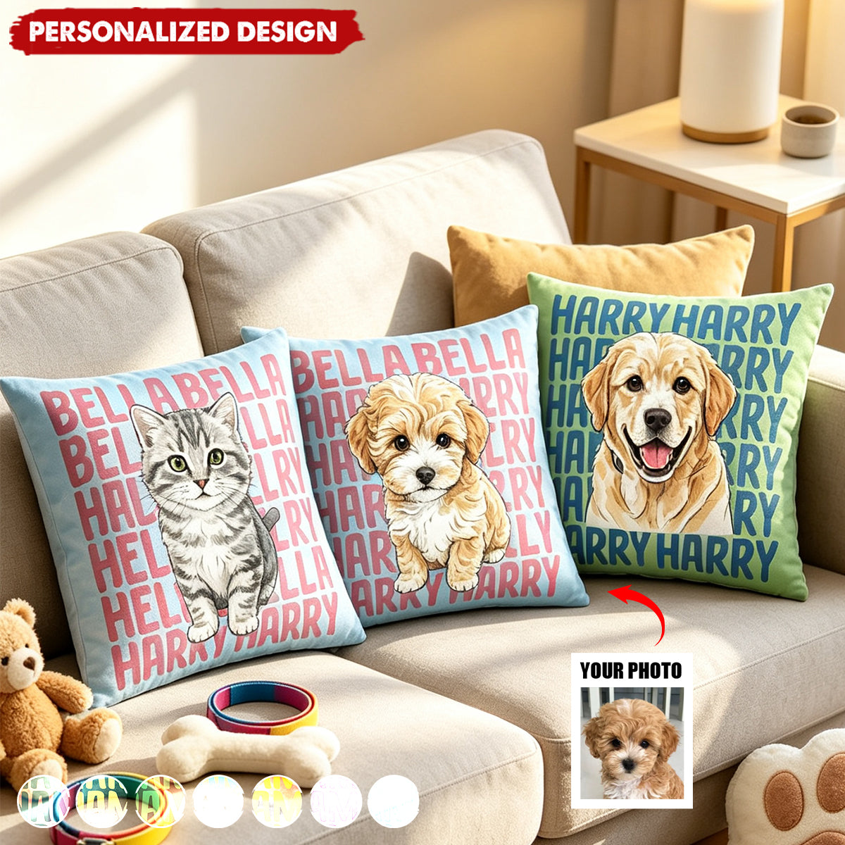 Custom Pet Portrait With Name Watercolor Style - Personalized Pillow