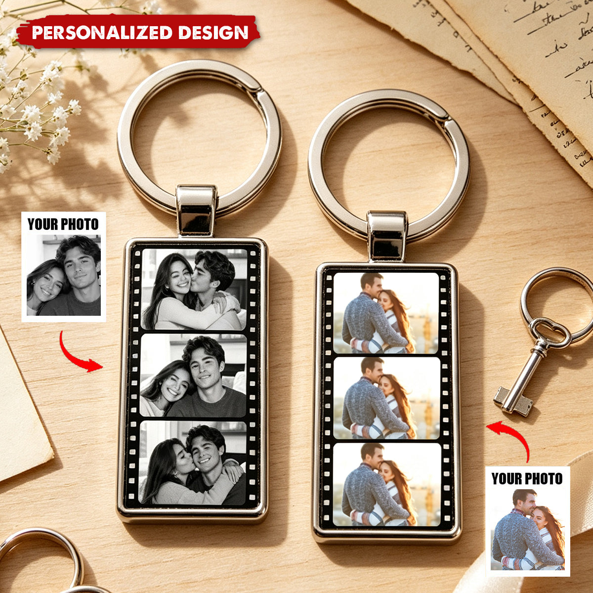 Custom Photo Metal Keychain – Personalized Wedding Anniversary Gift for Husband and Wife