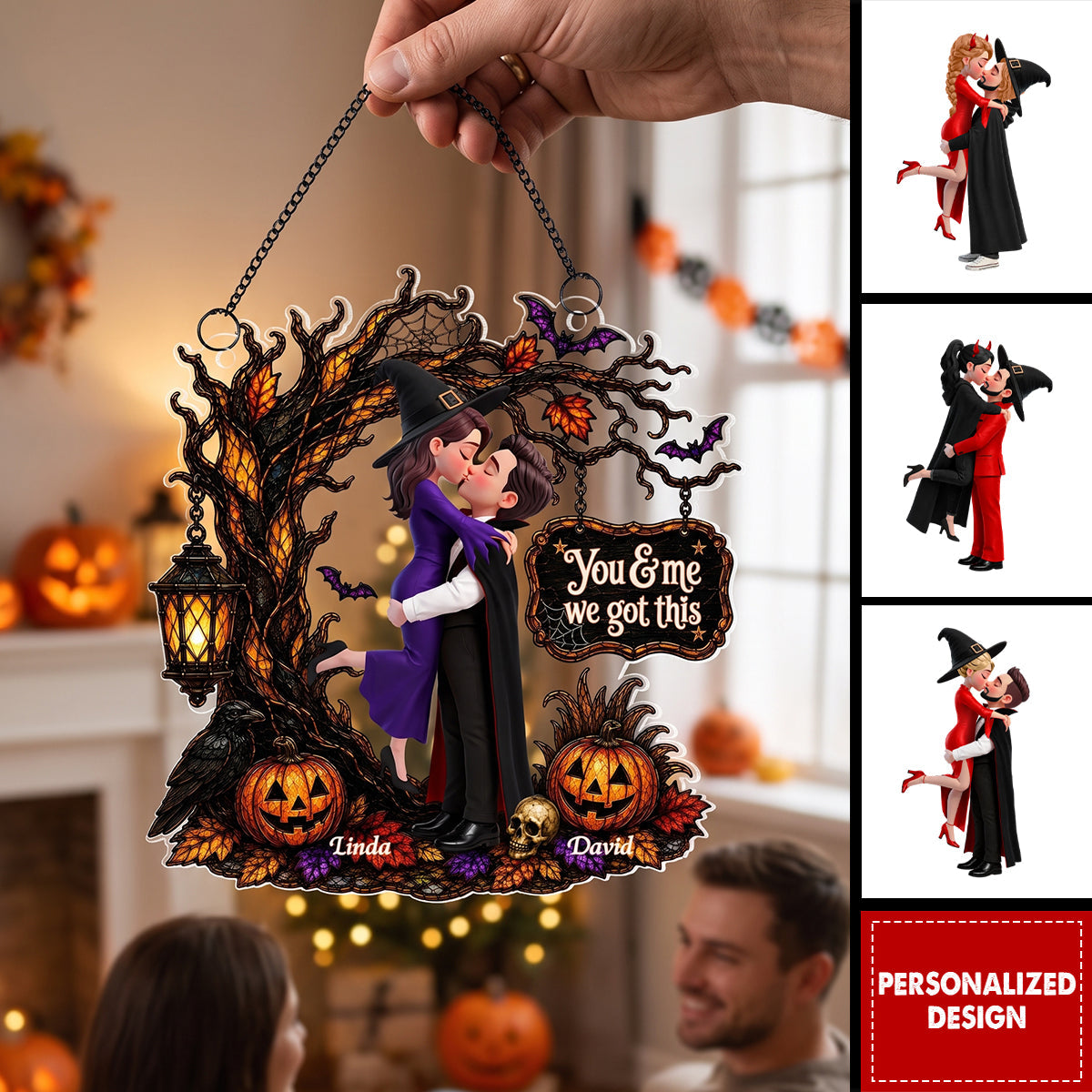 Couple Embracing Under a Spooky Halloween Tree – Personalized Acrylic Window Hanging