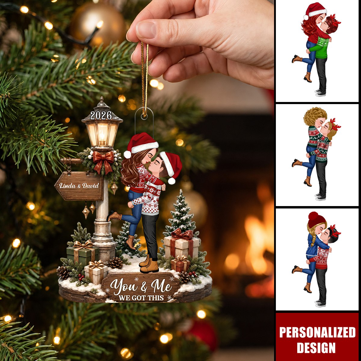 Couple Kissing Under a Streetlamp – Personalized Hanging Christmas Ornament, Gift for Her, Gift for Him
