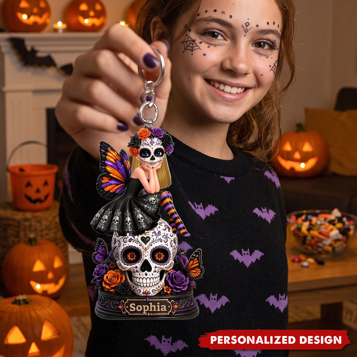Sugar Skull Girl - Personalized Keychain - Halloween Decoration