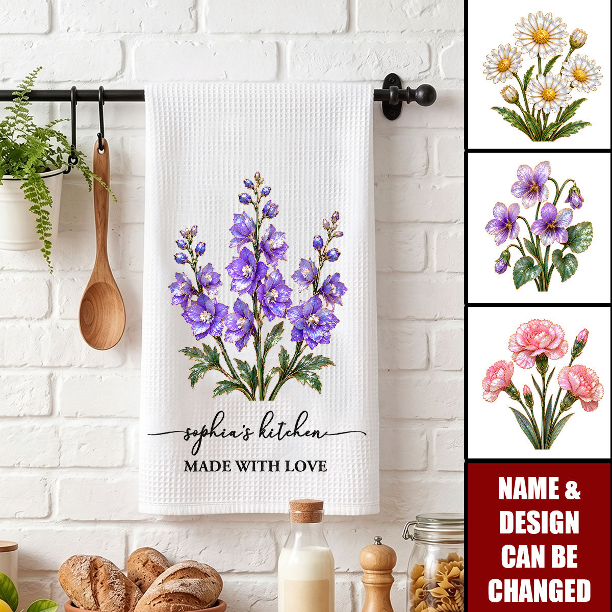 Birth Flower Mother-Of-Pearl Style Gift For Her - Personalized Kitchen Towel