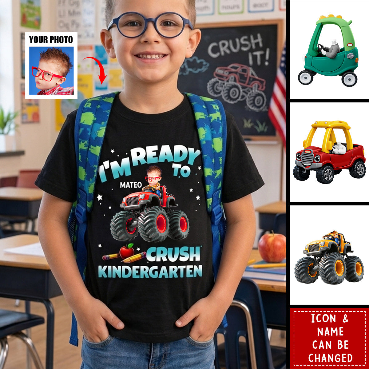 Custom Face Kid Riding Monster Truck Back To School - Personalized Shirt