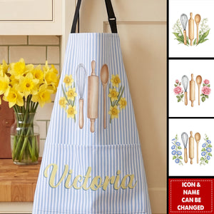 Custom Name & Birth Flower Striped Pattern - Personalized Apron