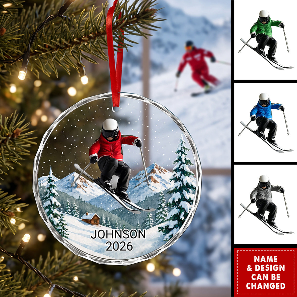 Personalized Skiing Glass Ornament, Custom Skier Christmas Ornament
