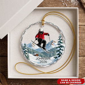 Personalized Skiing Glass Ornament, Custom Skier Christmas Ornament