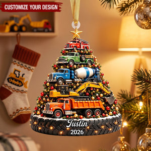 Personalized Christmas Excavator Ornament, Kids Construction Truck Christmas Tree Ornament