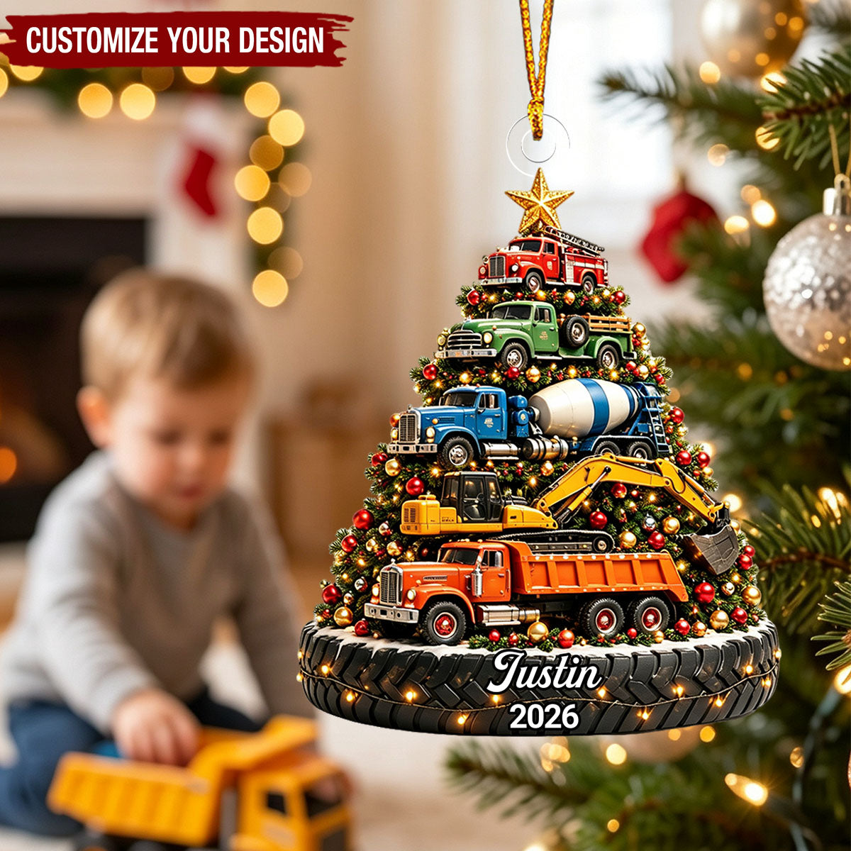 Personalized Christmas Excavator Ornament, Kids Construction Truck Christmas Tree Ornament