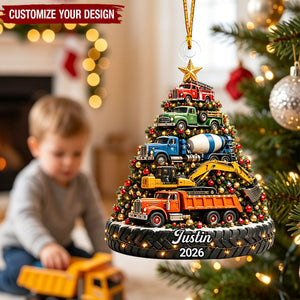 Personalized Christmas Excavator Ornament, Kids Construction Truck Christmas Tree Ornament