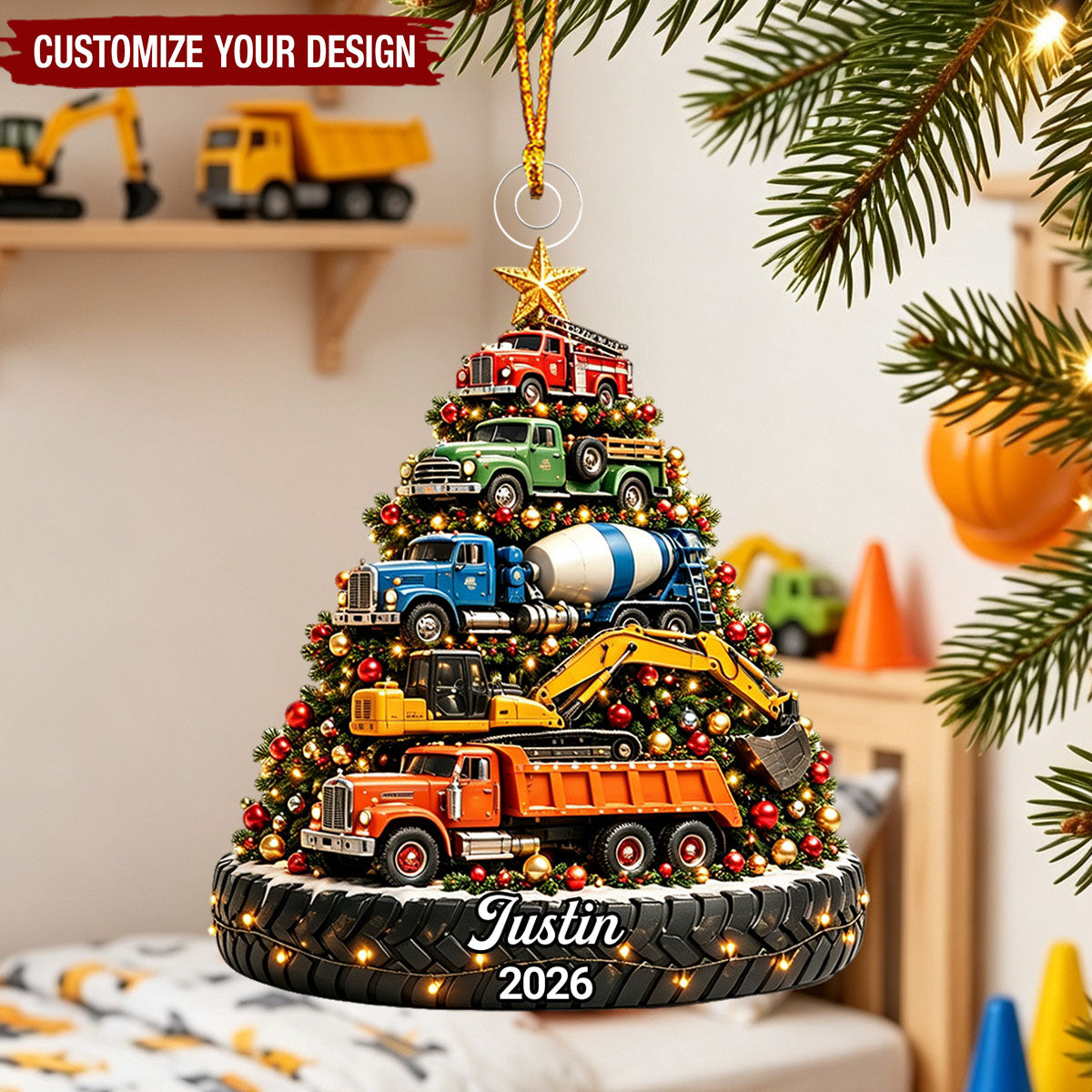 Personalized Christmas Excavator Ornament, Kids Construction Truck Christmas Tree Ornament