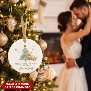 Personalized First Christmas Married Ceramic Ornament - Custom Couple Names & Year Christmas Tree Keepsake Gift