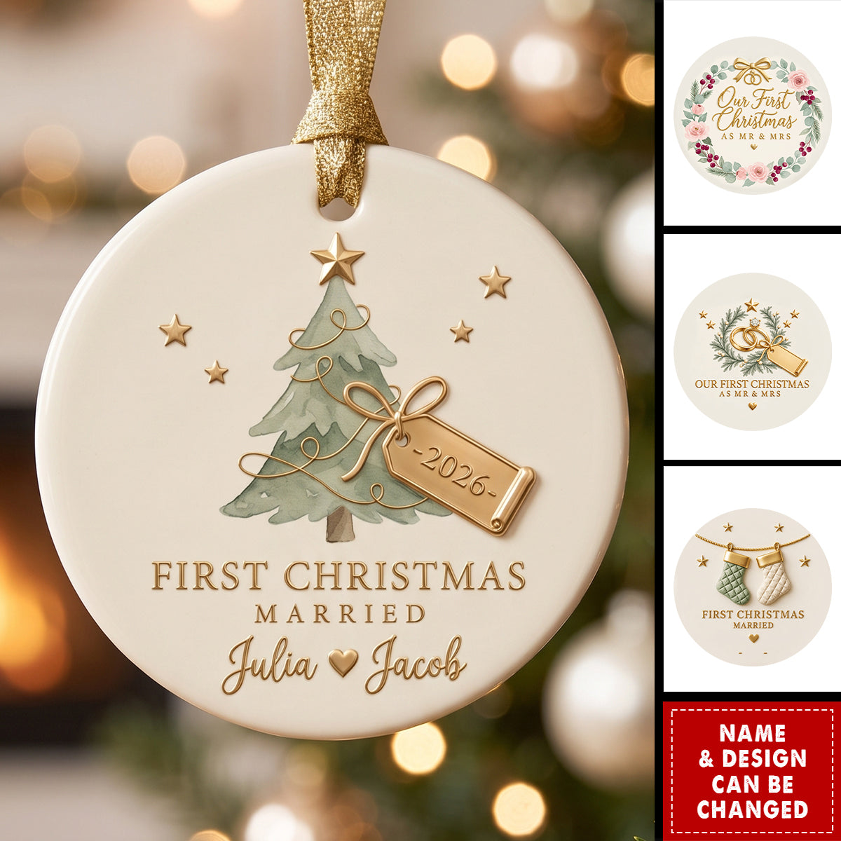 Personalized First Christmas Married Ceramic Ornament - Custom Couple Names & Year Christmas Tree Keepsake Gift