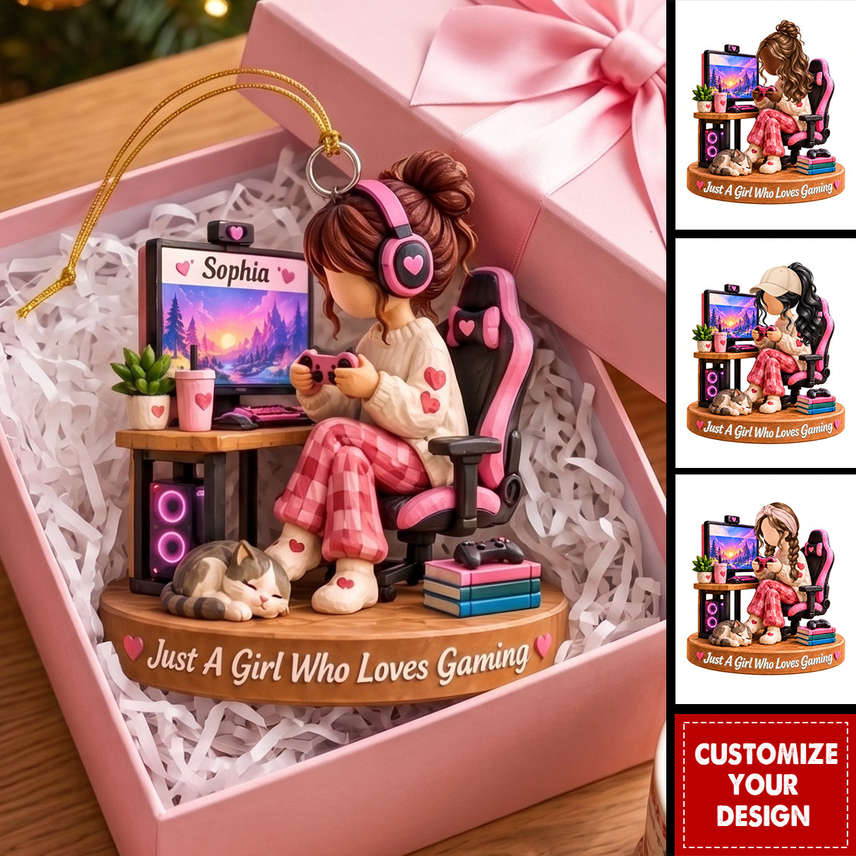 Personalized Gaming Ornament, Custom Gamer Girl Gift, Christmas Gift for Teen Gamer