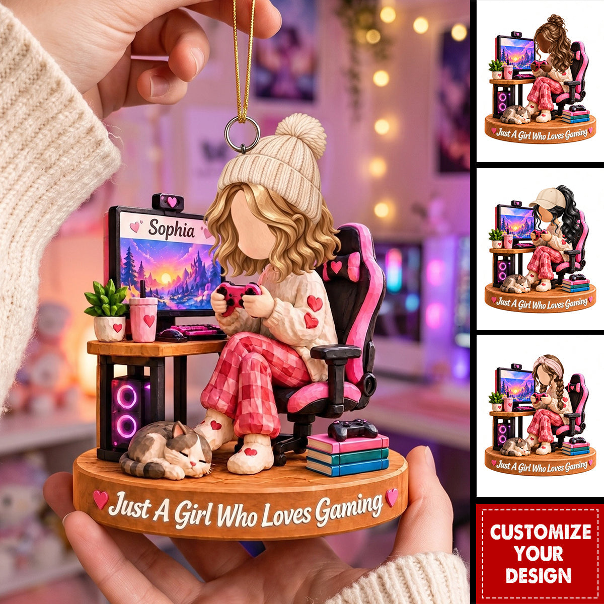 Personalized Gaming Ornament, Custom Gamer Girl Gift, Christmas Gift for Teen Gamer