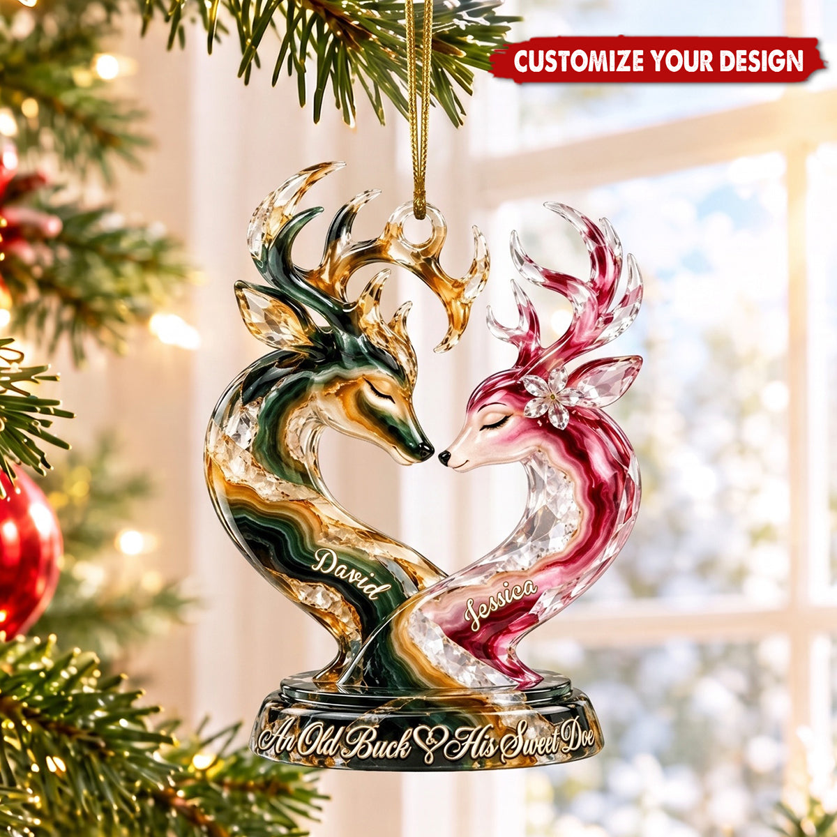 Old Buck And his Sweet Doe Marble Effect Ornament, Personalized Gifts For Couple