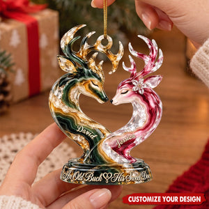 Old Buck And his Sweet Doe Marble Effect Ornament, Personalized Gifts For Couple