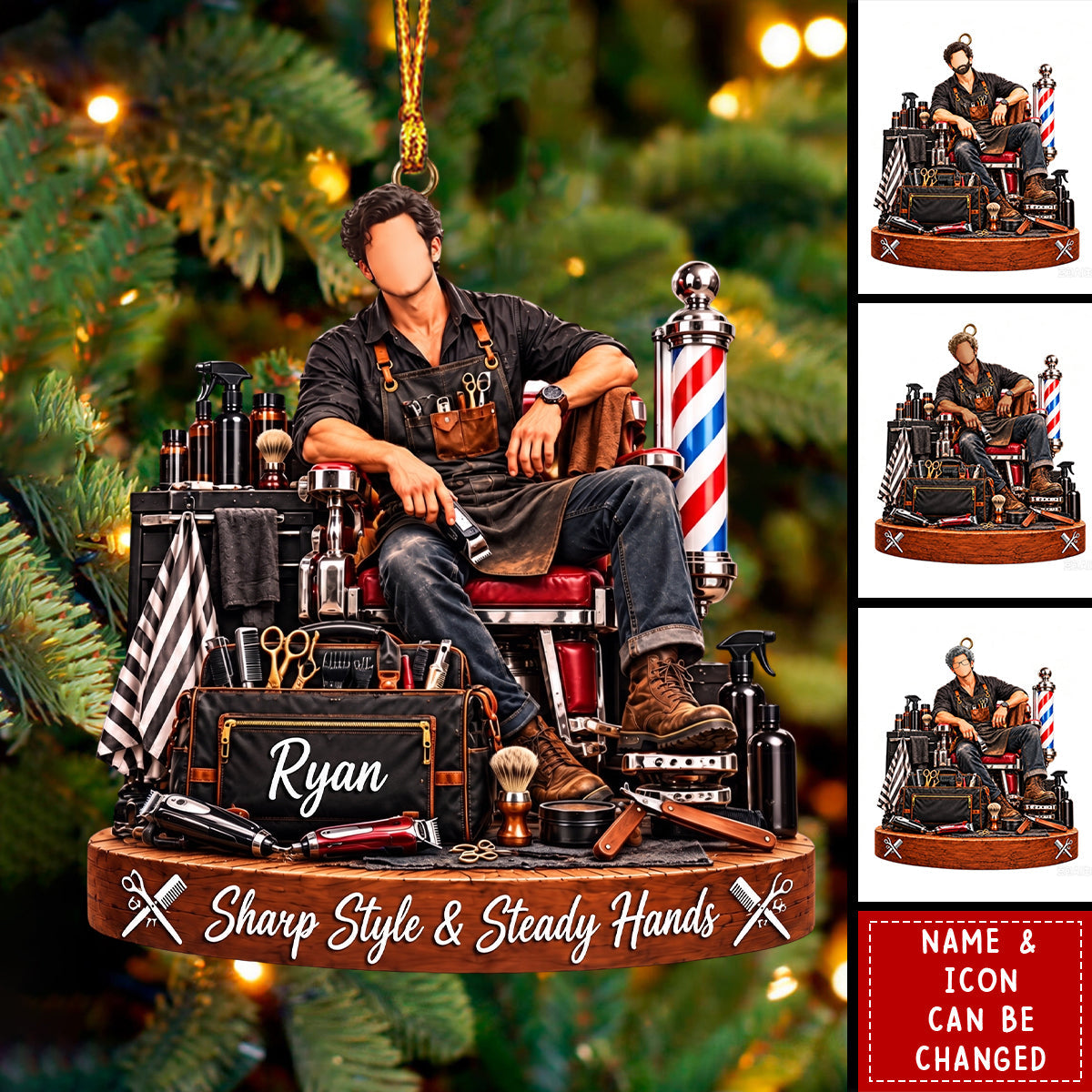 Personalized Barber Christmas Ornament, Custom Name Male Hairstylist Gift