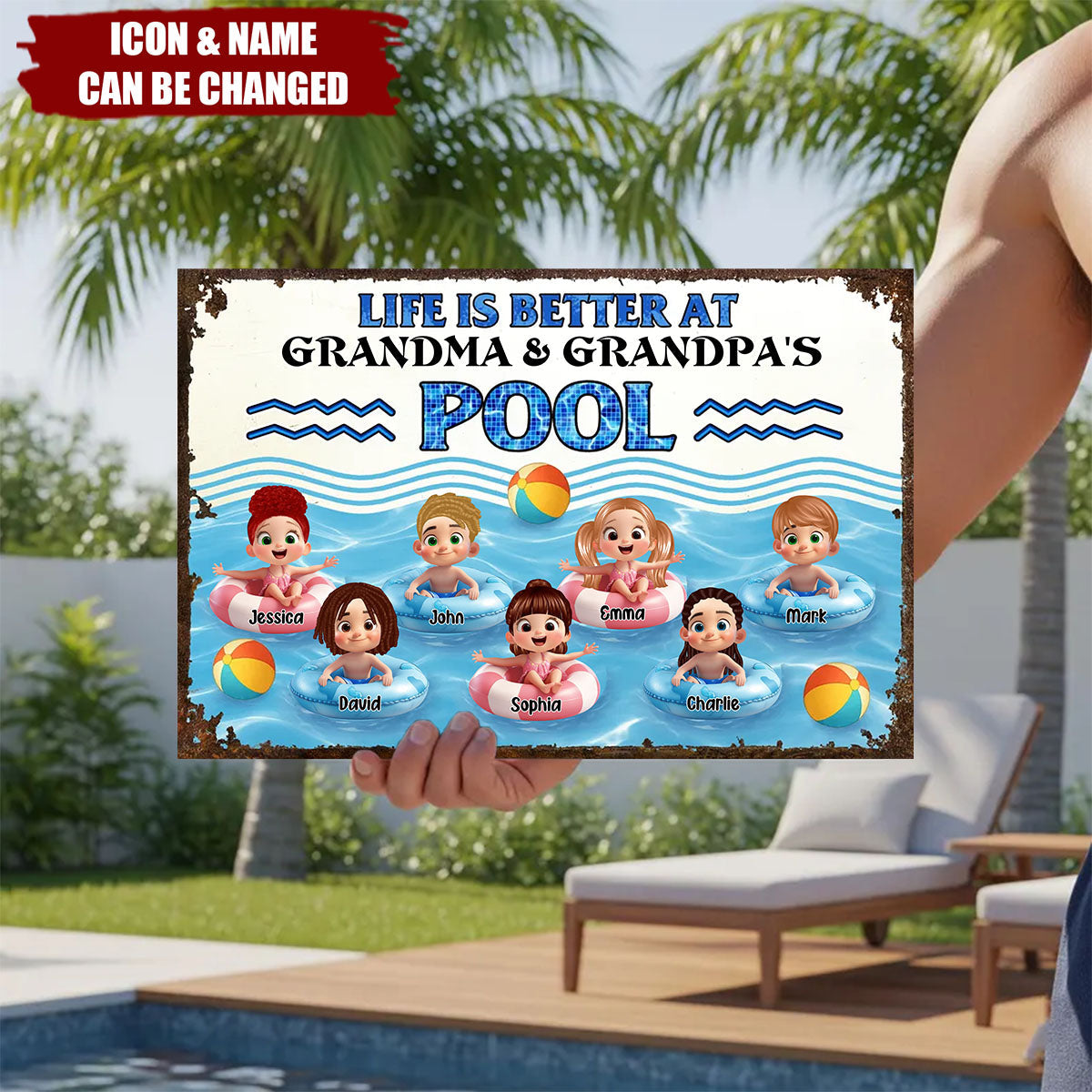 Life is Better at Grandma & Grandpa Pool Personalized Metal Sign, Grandchildren Welcome Sign