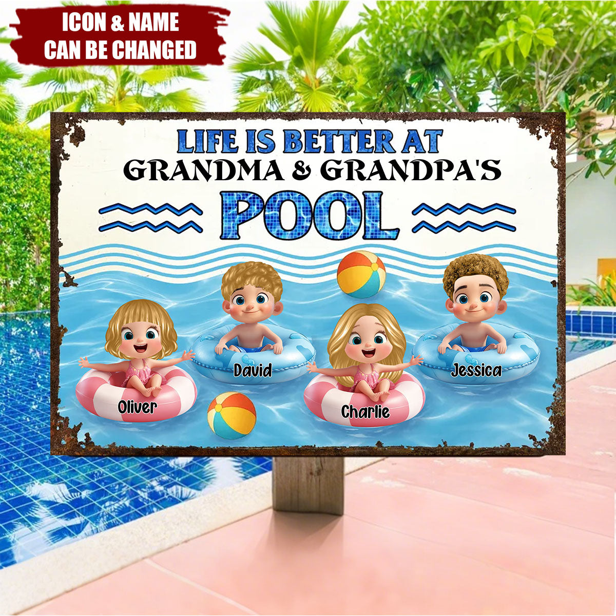 Life is Better at Grandma & Grandpa Pool Personalized Metal Sign, Grandchildren Welcome Sign