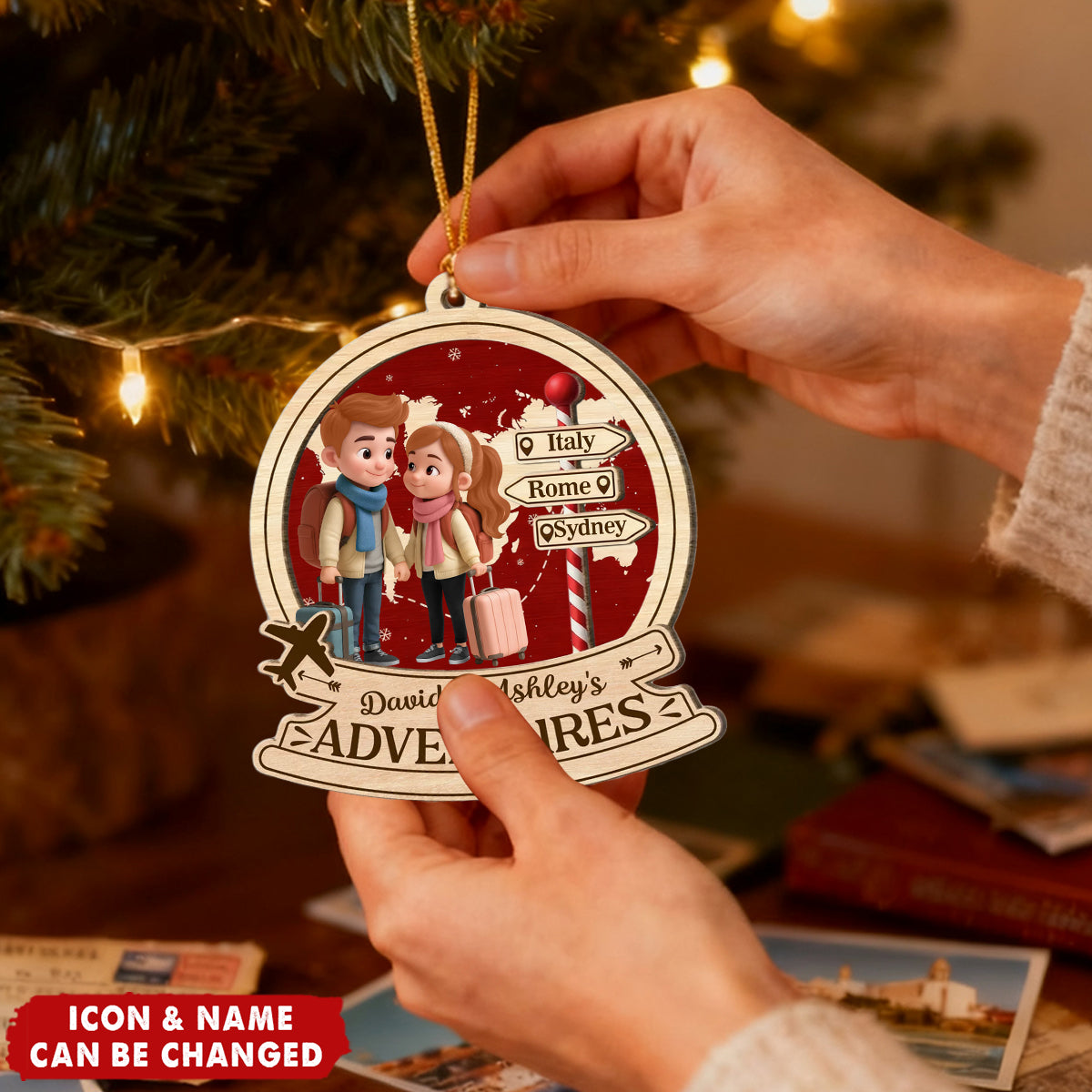 Travel Destination Ornament For Adventure Couple - Personalized Wooden Ornament - Christmas Gift For Him, For Her