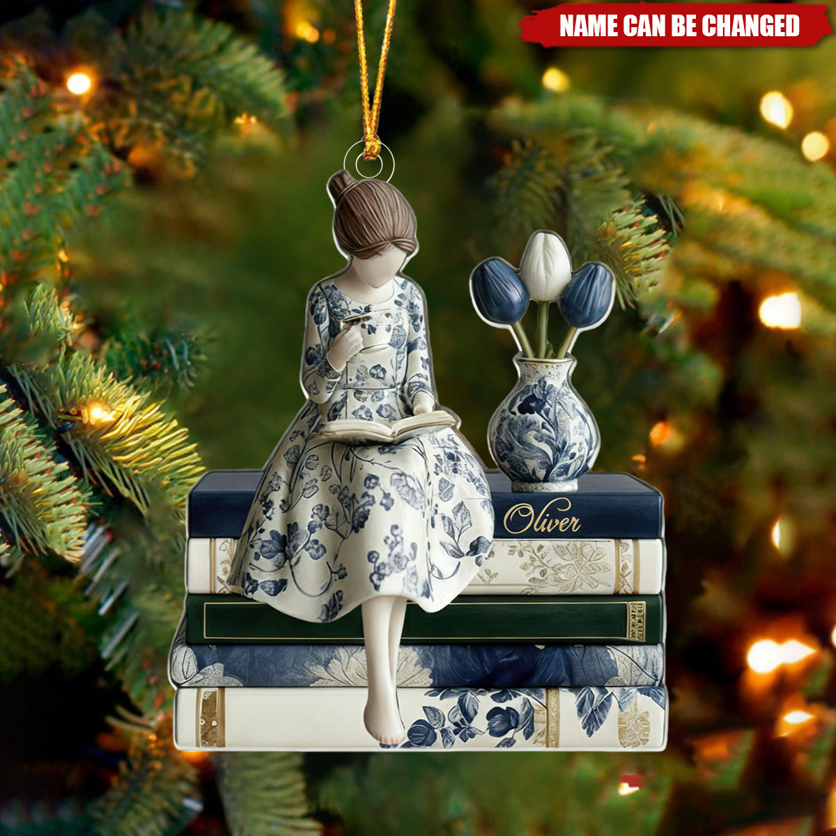 Personalized Toile De Jouy Book Lover Christmas Acrylic Ornament, Bookshelf Decor, Bookworm Xmas for Her