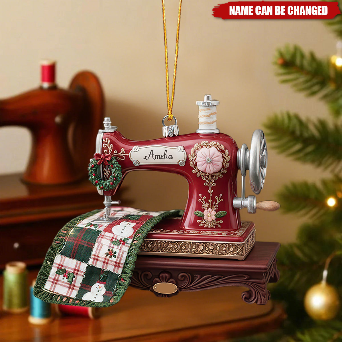 Personalized Sewing Machine Acrylic Ornament,  Quilter Christmas Tree Ornament, Quilting Studio Ornament Tree Decor