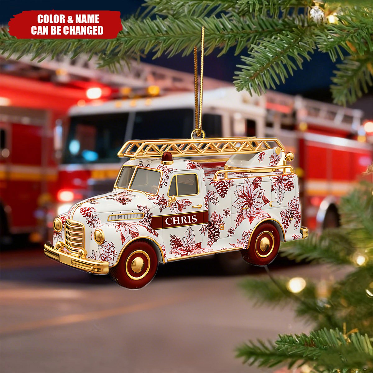 Personalized Gifts For Christmas, Fire Truck Firefighter Toile de Jouy Custom Shape Acrylic Ornament