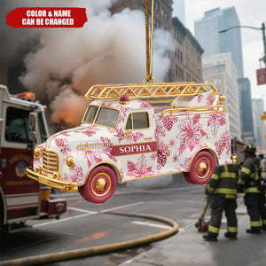 Personalized Gifts For Christmas, Fire Truck Firefighter Toile de Jouy Custom Shape Acrylic Ornament