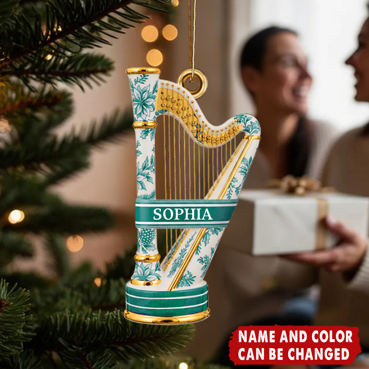 Harp Toile de Jouy Ornament - Personalized Gift For Music Lovers