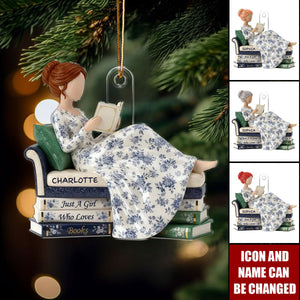 Girl Reading Books On Sofa Toile De Jouy Pattern - Personalized Acrylic Ornament - Christmas Gift For Book Lover, Bookworm
