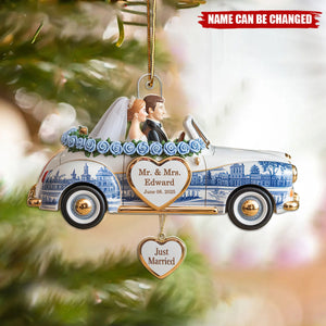 Personalized Just Married Toile de Jouy Ornament, Wedding Gifts For Couple, Mr and Mrs, First Christmas Married, Newlywed Car