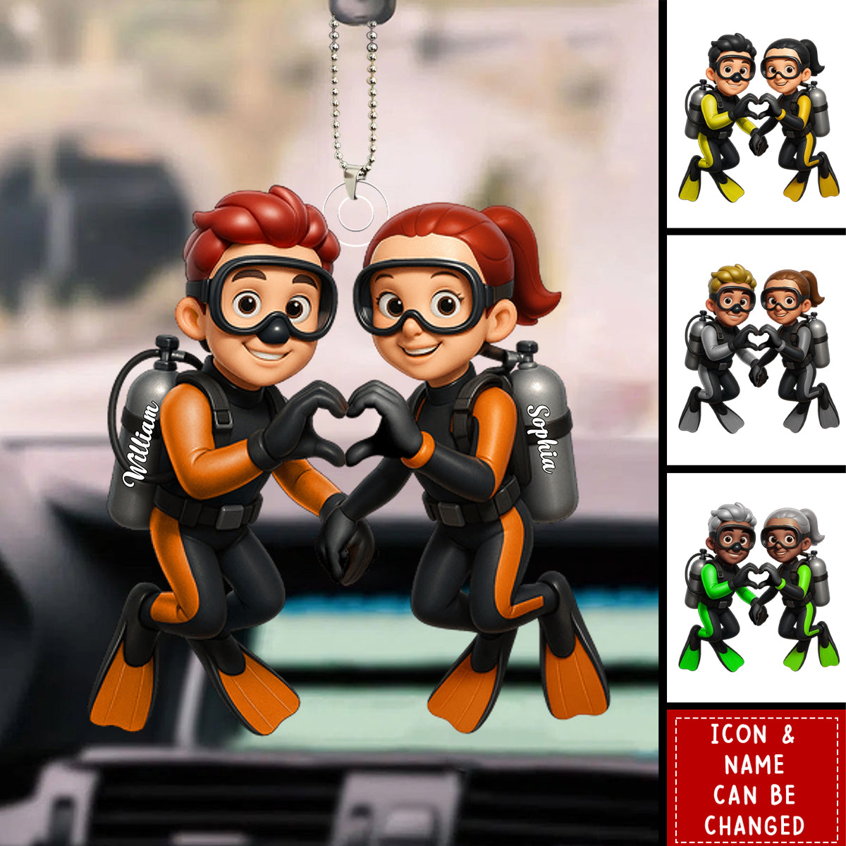 Diving Couple Home Decor, Personalized Car Ornament