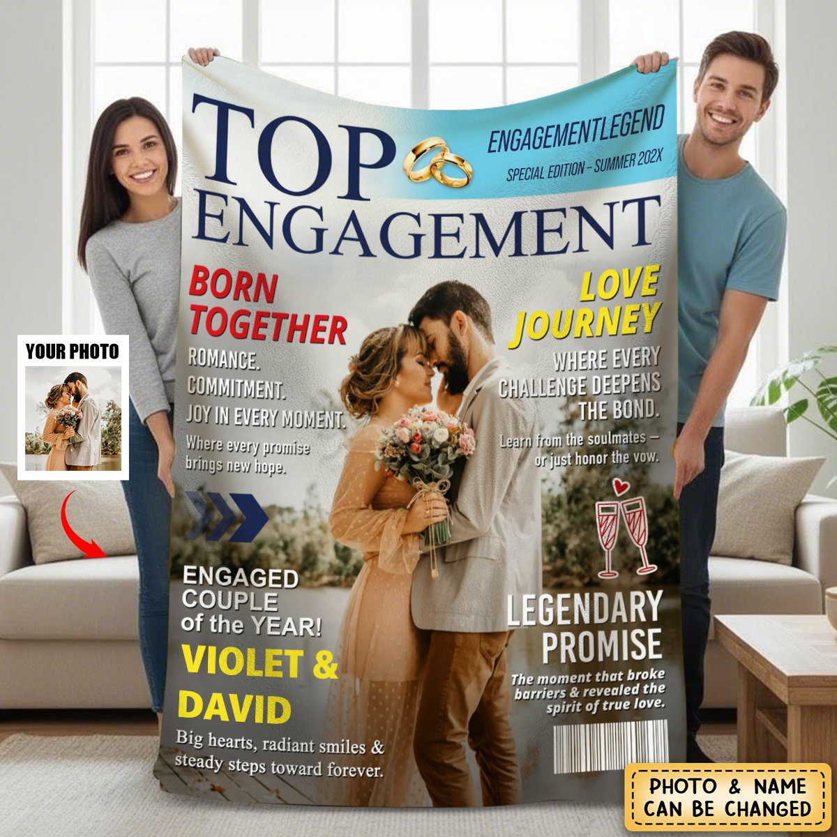 Personalized Engagement Magazine Blanket, Gift For Engaged Couple, Custom Couple Photo, Engagement Gift, Wedding Keepsake