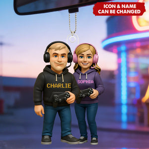 Gamer Couple Cooler Custom Action Figure - Personalized Acrylic Car Ornament - Anniversary, Valentine's Day Gift, Gift For Him, Gift For Her