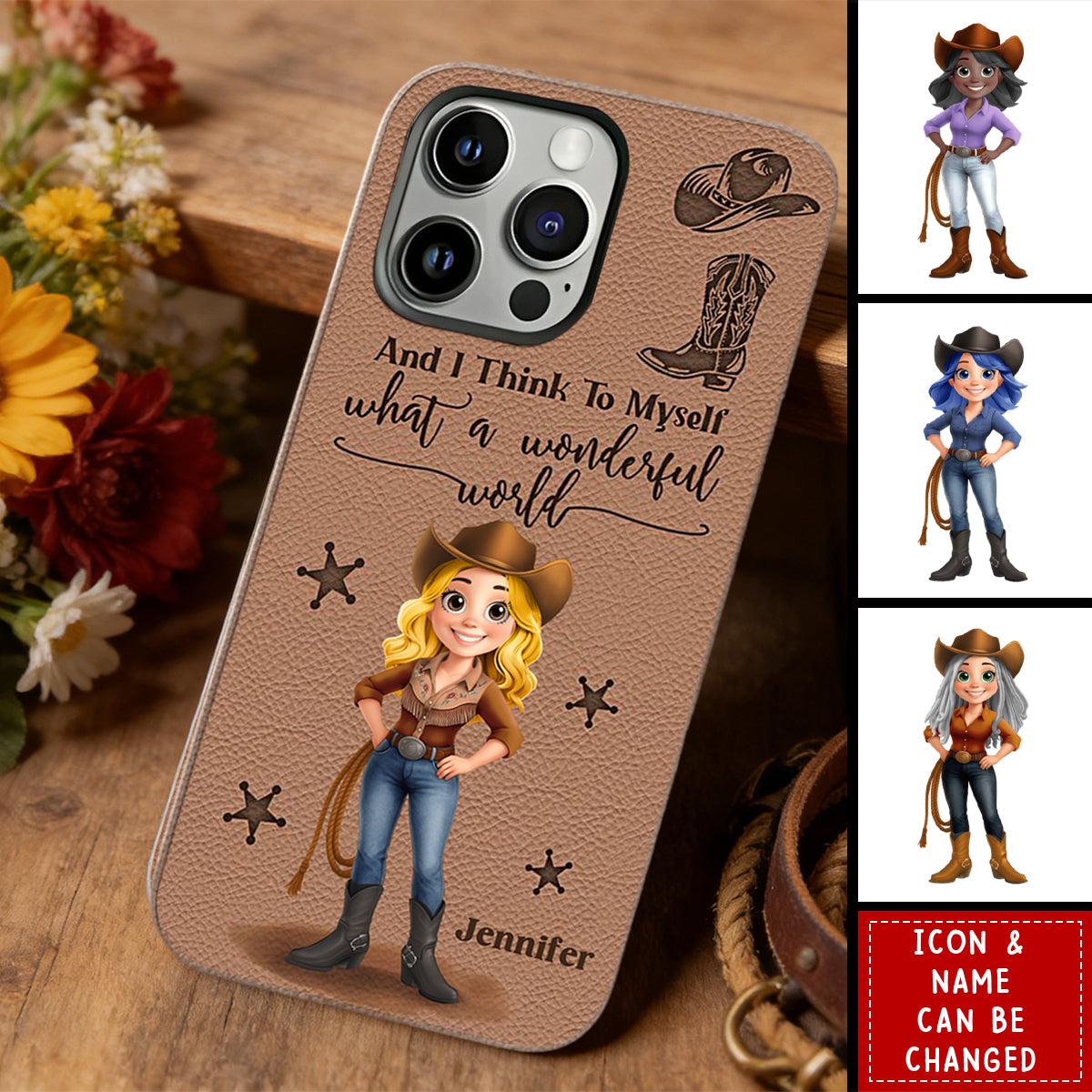 Cowgirl What A Wonderful World - Personalized Cowgirl Leather Phone Case