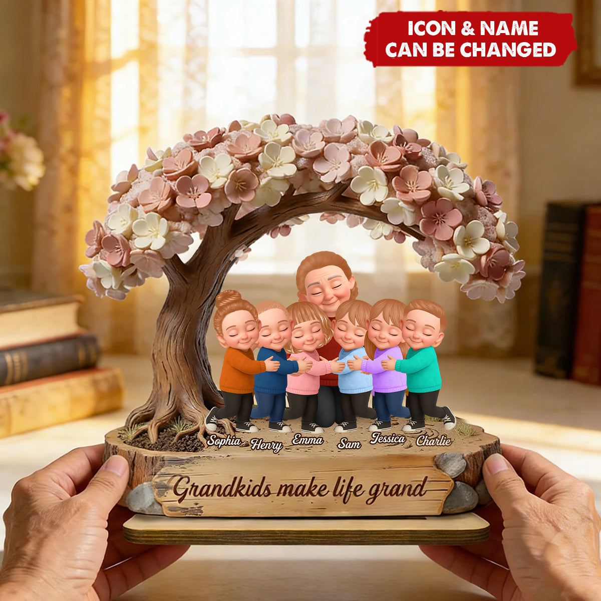 Grandma And Grandkids Under Blossom Tree - Personalized 2-Layered Wooden Plaque - Gift For Mom