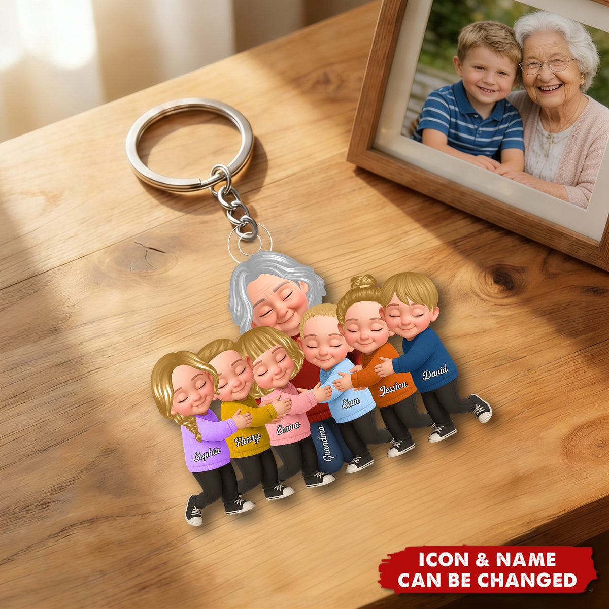 Grandma And Grandkids Under Blossom Tree - Personalized Keychain