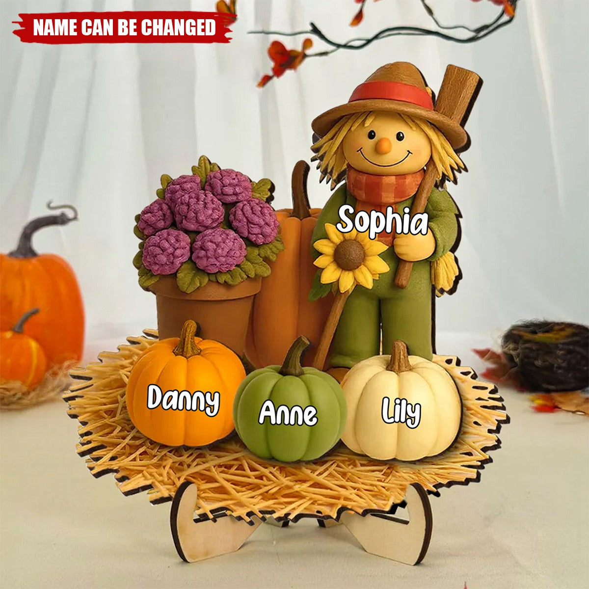 Fall Scarecrow Grandma with Pumpkins Grandkids Names Personalized 2-Layer Wooden Plaque