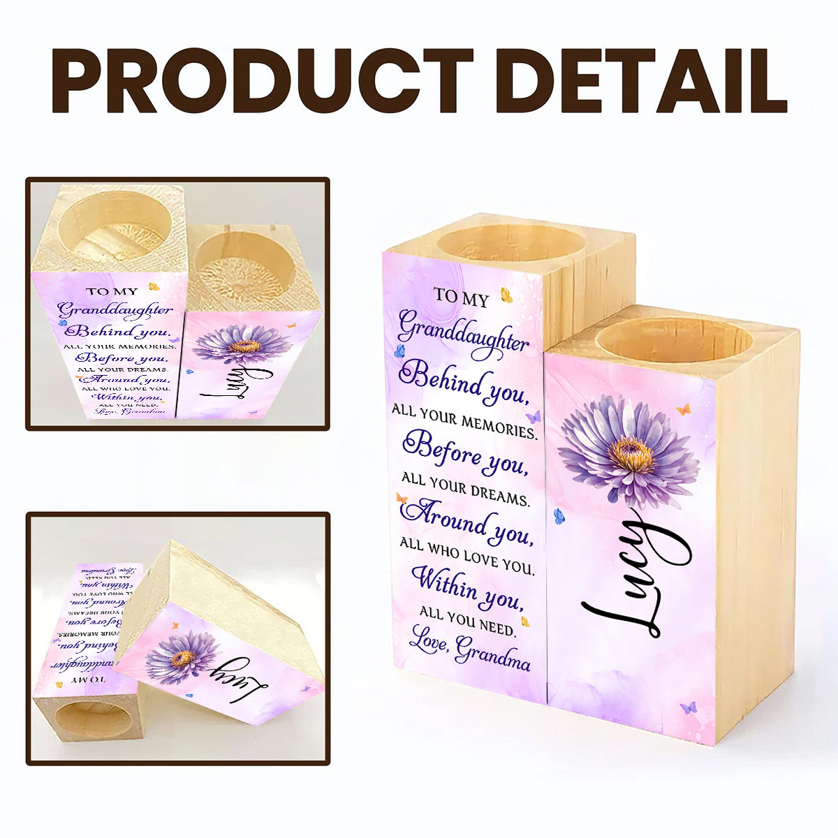 To My Granddaughter Behind You Flowers And Butterflies - Personalized Candle Holder, Gift For Granddaughter
