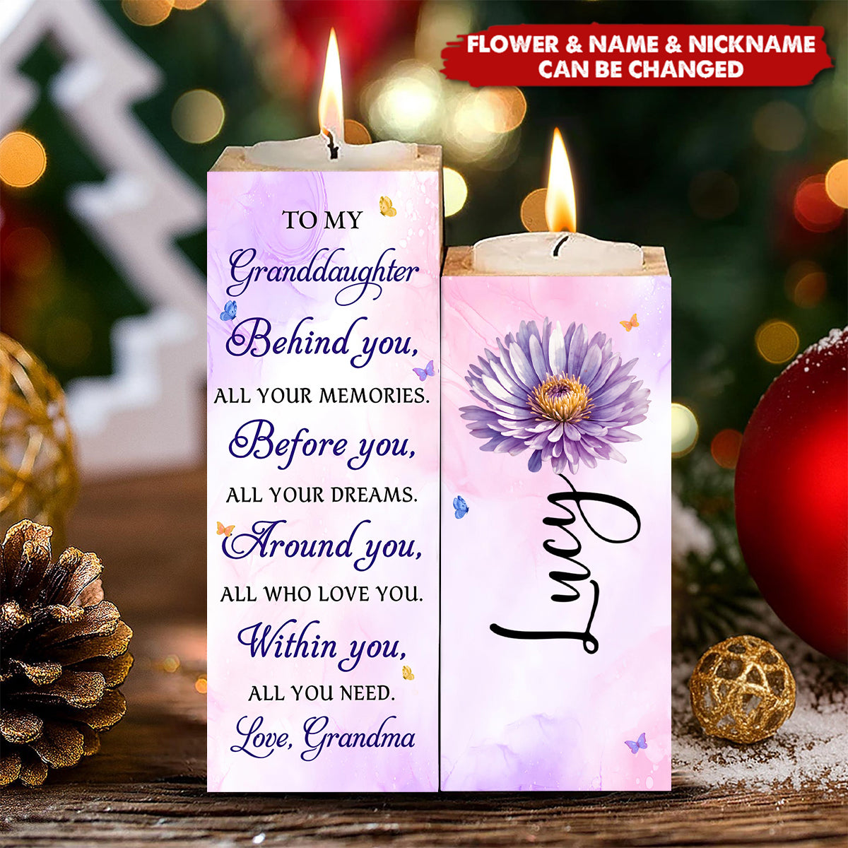 To My Granddaughter Behind You Flowers And Butterflies - Personalized Candle Holder, Gift For Granddaughter